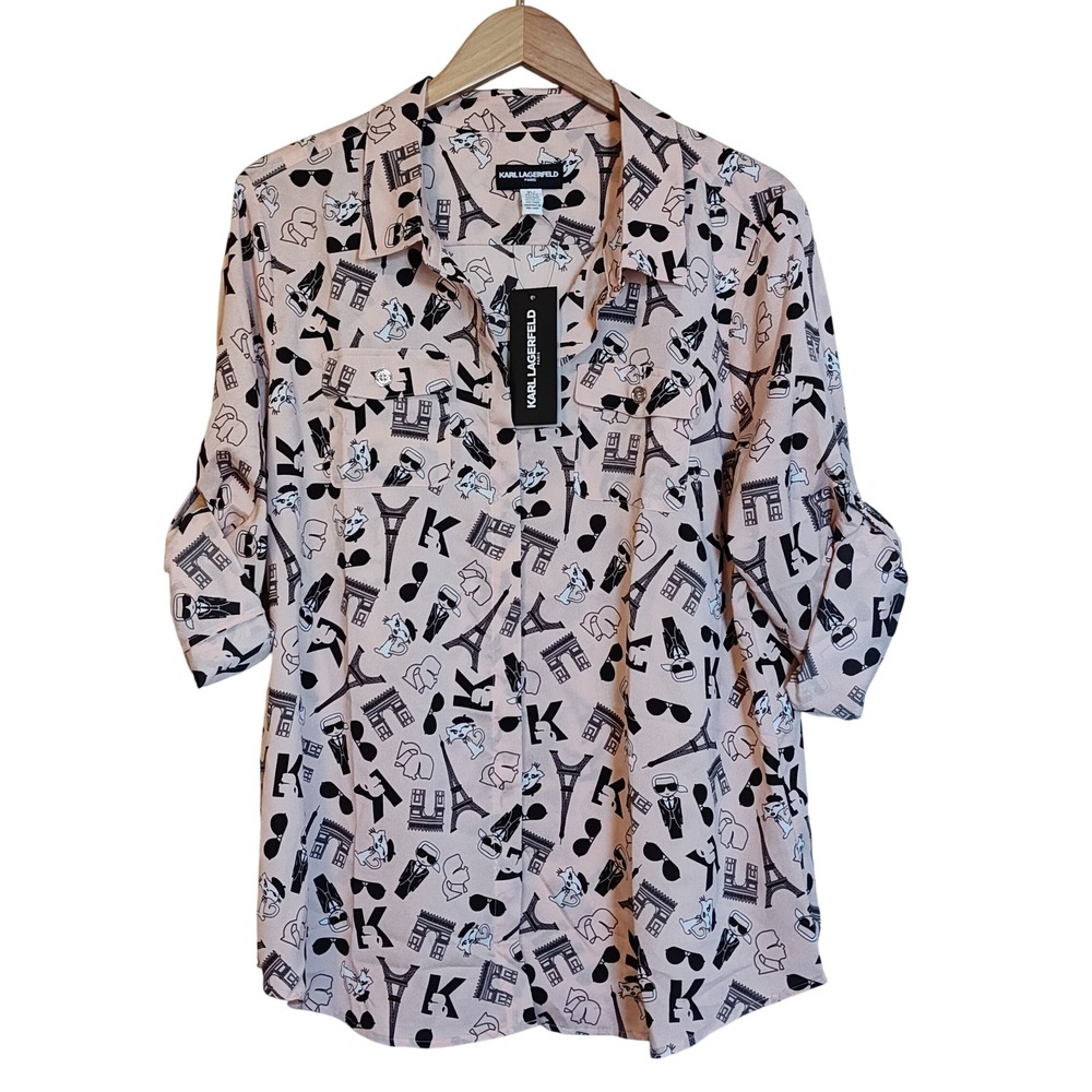 Karl Lagerfeld Blush Pink and Black Graphic Button-Down Shirt